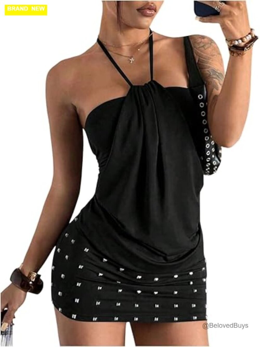 Grunge Rivet Draped Front Halter Mini Dress Bodycon Night Out Bodycon